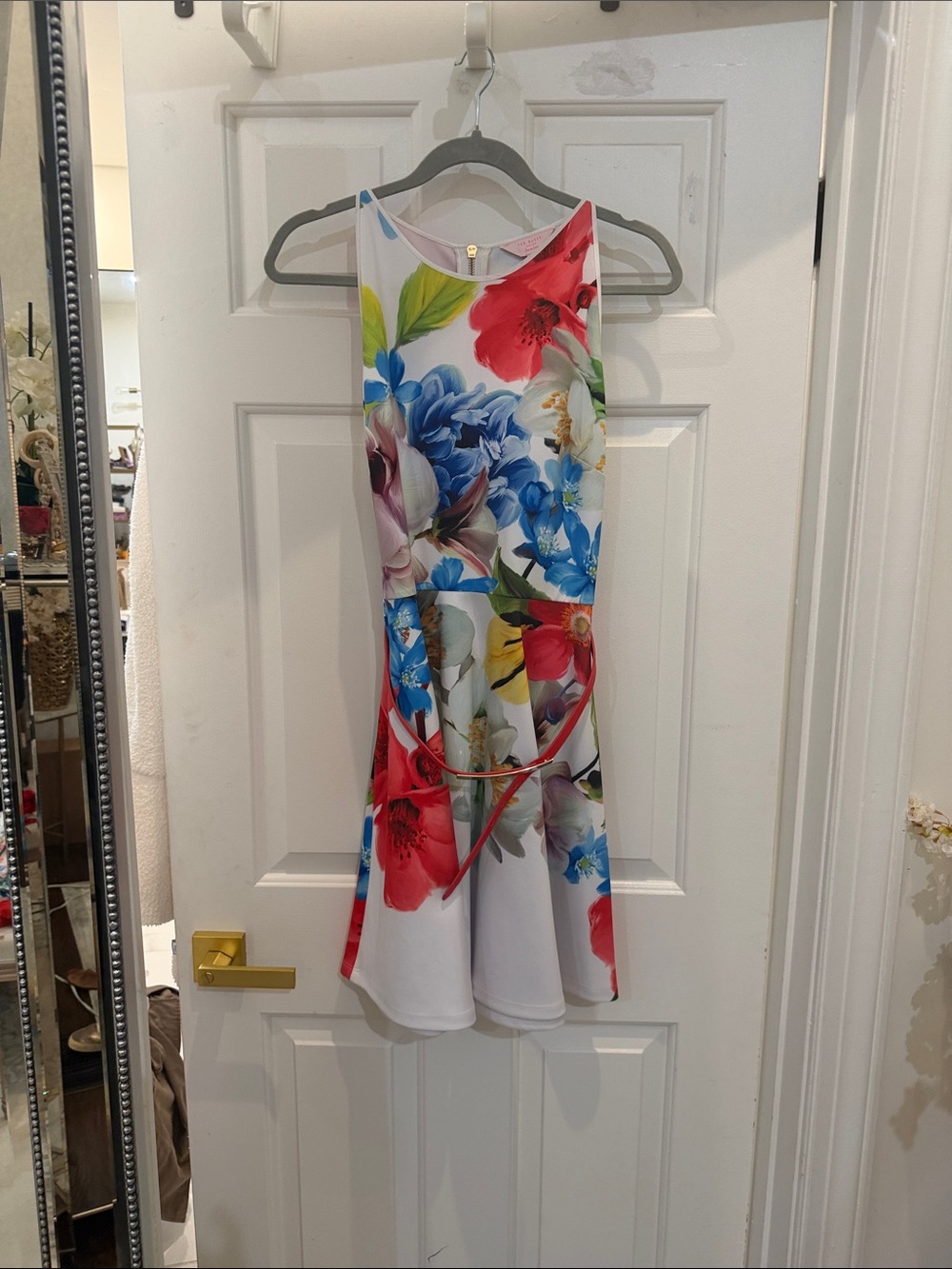 Ted Baker White Floral Mini Dress with Red, Blue and Yellow Blooms